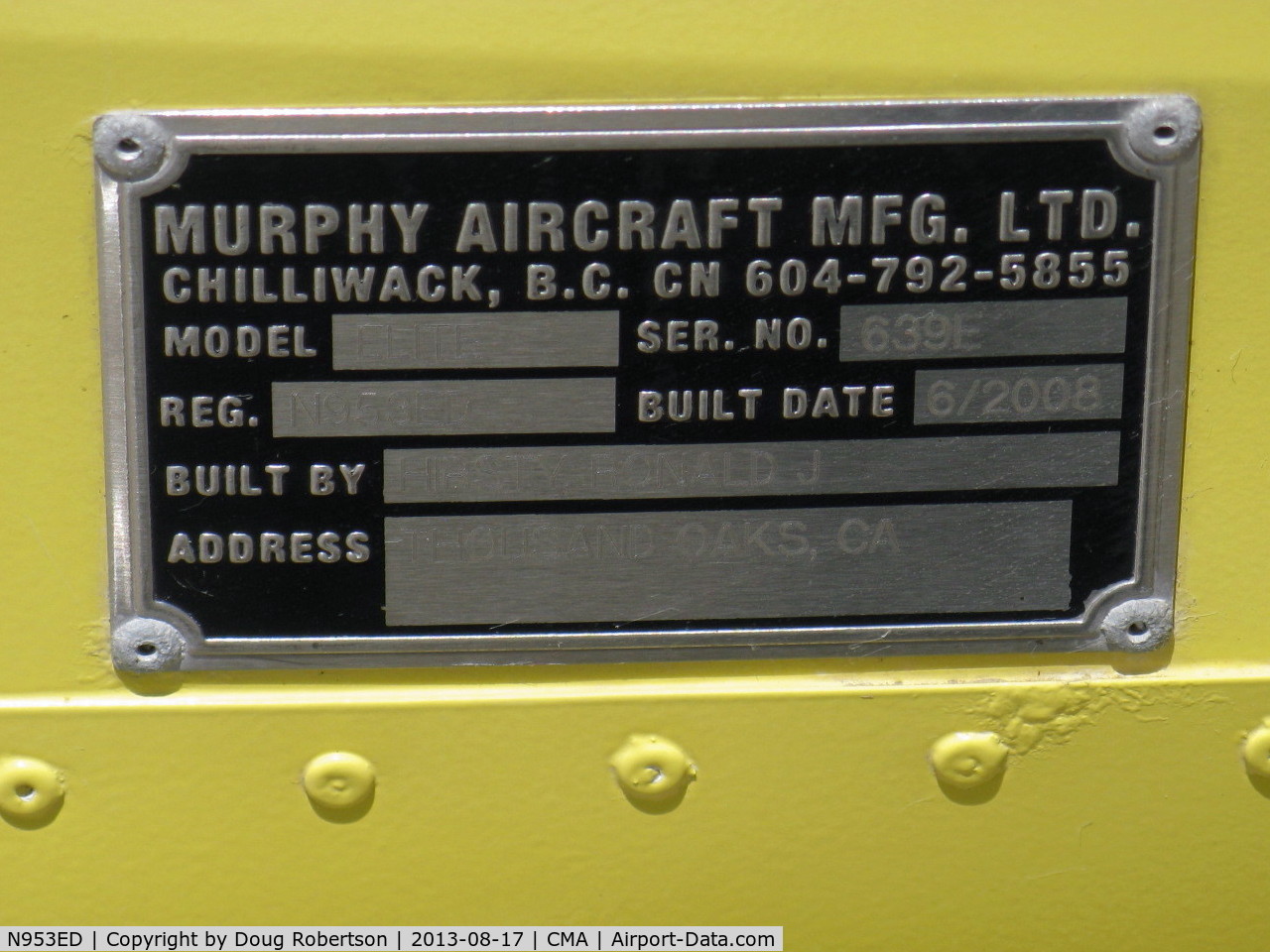 N953ED, 2008 Murphy Elite C/N 639E, 2008 Hirsty MURPHY ELITE, a second-generation REBEL, Lycoming O-320 150 Hp, data plate