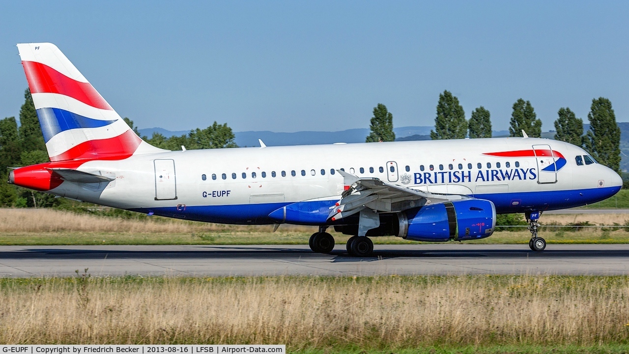 G-EUPF, 2000 Airbus A319-131 C/N 1197, decelerating after touchdown at Basel