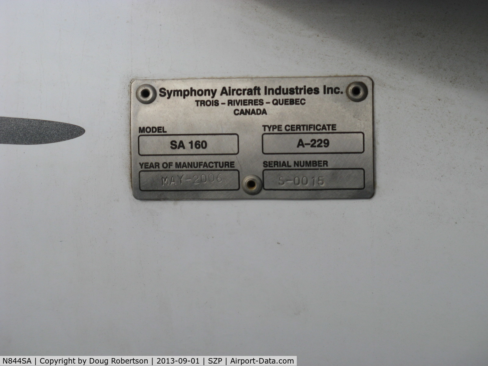 N844SA, 2006 Symphony SA-160 C/N S-0015, 2006 Symphony Aircraft Inds. SA-160 SYMPHONY, Lycoming O-320-D2A 160 Hp, manufacturer data plate