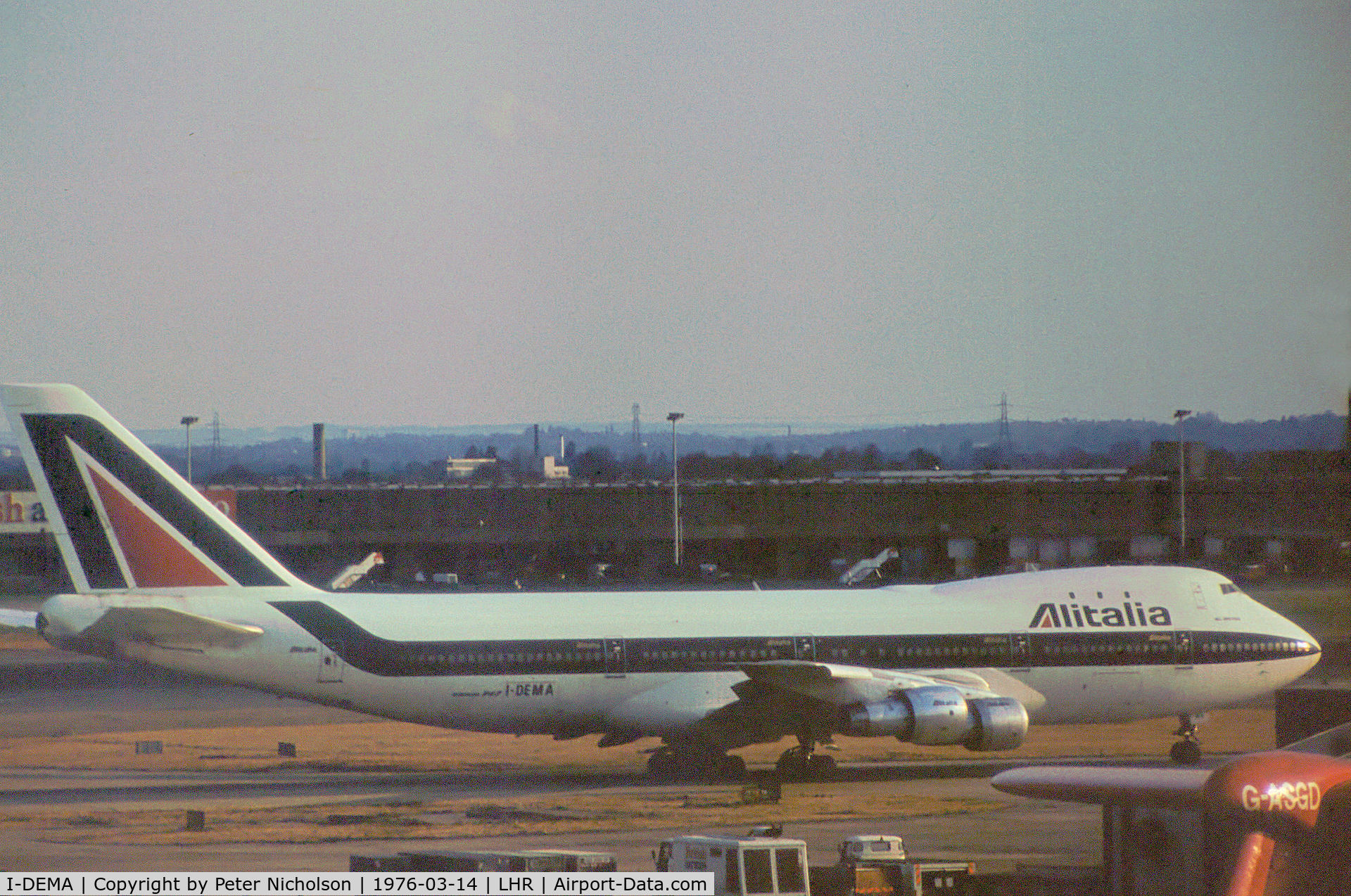 I-DEMA, 1970 Boeing 747-143 C/N 19729, Boeing 747-143 of Alitalia as seen at Heathrow in the Spring of 1976.