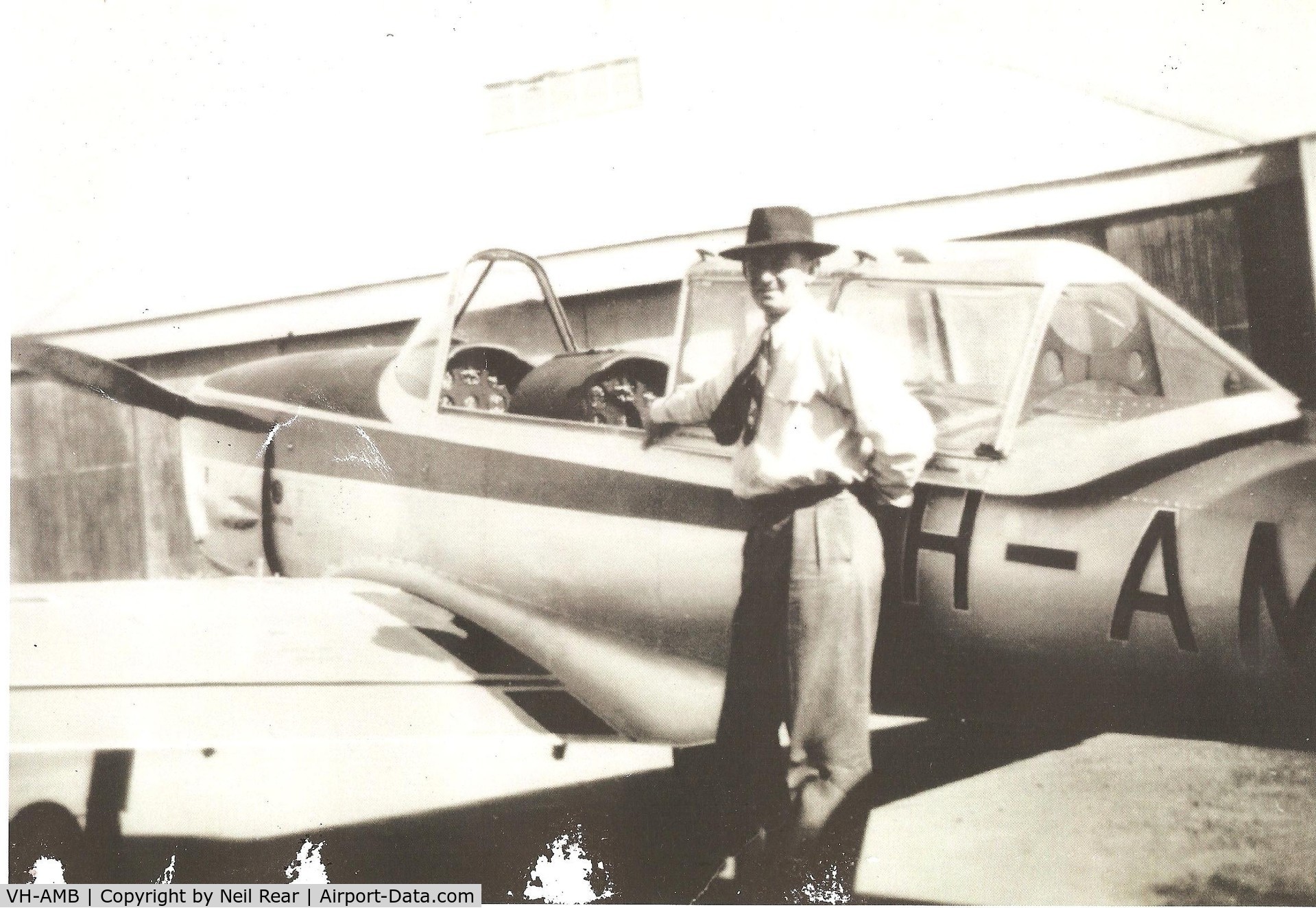 VH-AMB, 1950 De Havilland DHC-1 Chipmunk T.10 C/N C1/0174, Taken at Royal Aero Club Guildford Western Australia.date unknown circa 1950s. Person is secretary of club. Photo given to me by N.Rear