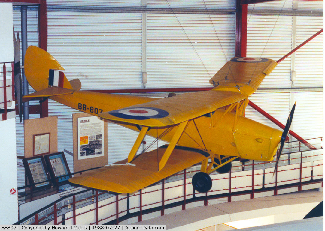BB807, 1935 De Havilland DH-82A Tiger Moth II C/N 3455, A composite of several airframes, mainly G-ADWO. On display at the Solent Sky Museum