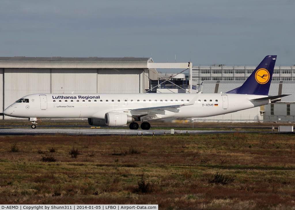 D-AEMD, 2009 Embraer 195LR (ERJ-190-200LR) C/N 19000305, Lining up rwy 32R for departure... Now in Lufthansa c/s