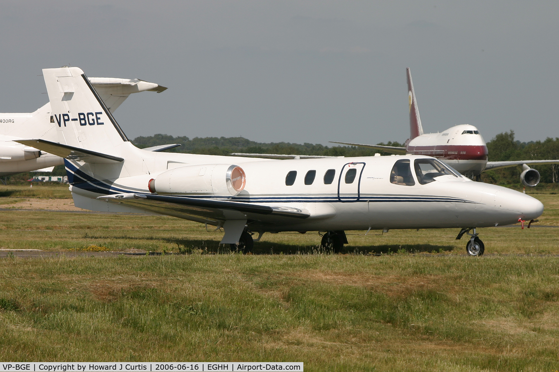 VP-BGE, 1975 Cessna 500 Citation I C/N 500-0287, Corporate.  Crashed into a house at Farnborough, Kent on 30th March 2008 shortly after take-off from Biggin Hill. All on board died. RIP.