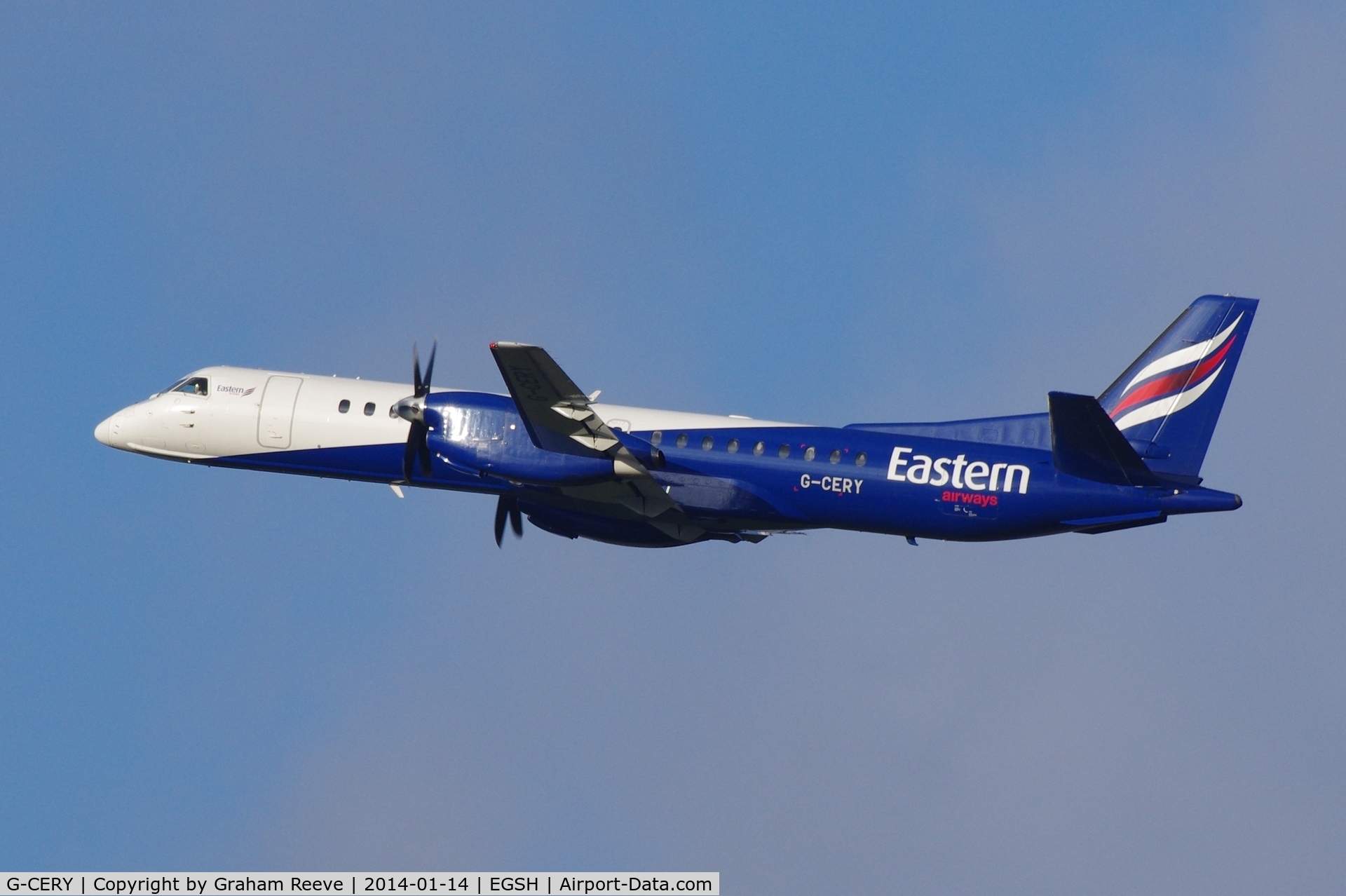G-CERY, 1994 Saab 2000 C/N 2000-008, Climbing out of Norwich.