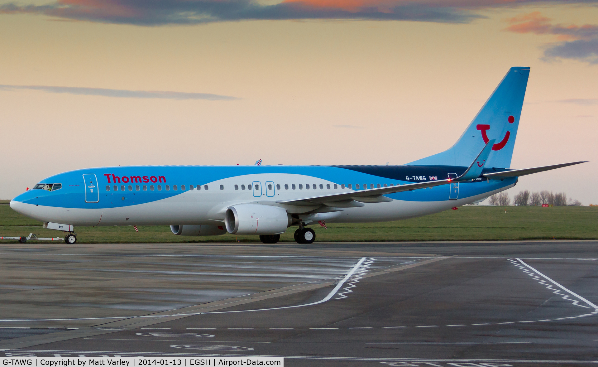 G-TAWG, 2012 Boeing 737-8K5 C/N 37266, Being pulled to stand after sun set....