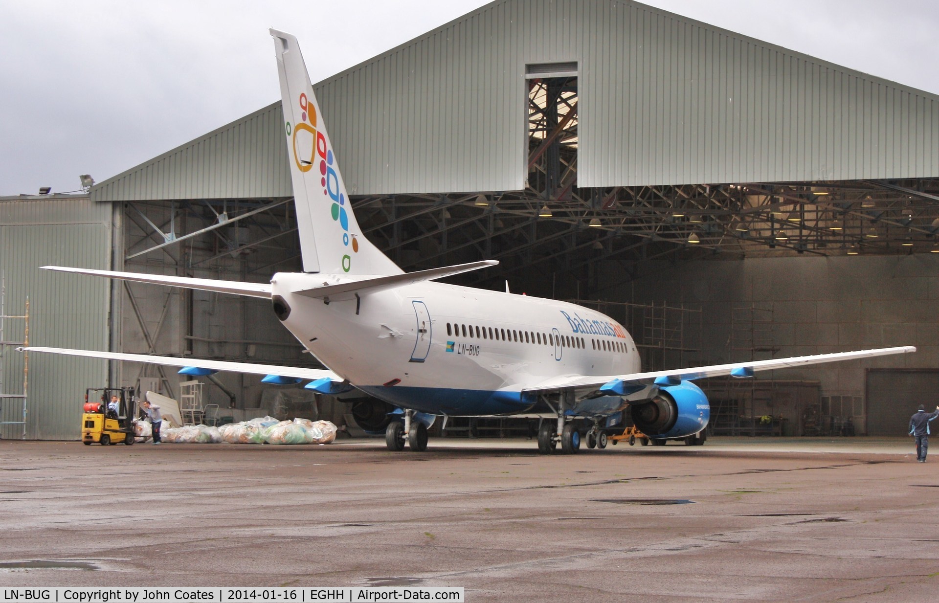 LN-BUG, 1997 Boeing 737-505 C/N 27631, Exiting paintshop after respray to Bahamasair livery