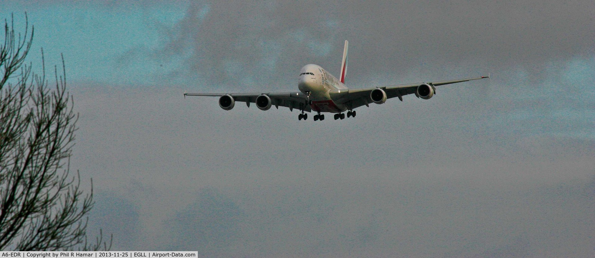 A6-EDR, 2011 Airbus A380-861 C/N 083, Emirates Airlines, (A6-EDR) 2011 Airbus A380-861, c/n 083, on approach to land on 27L Heathrow. © PhilRHama