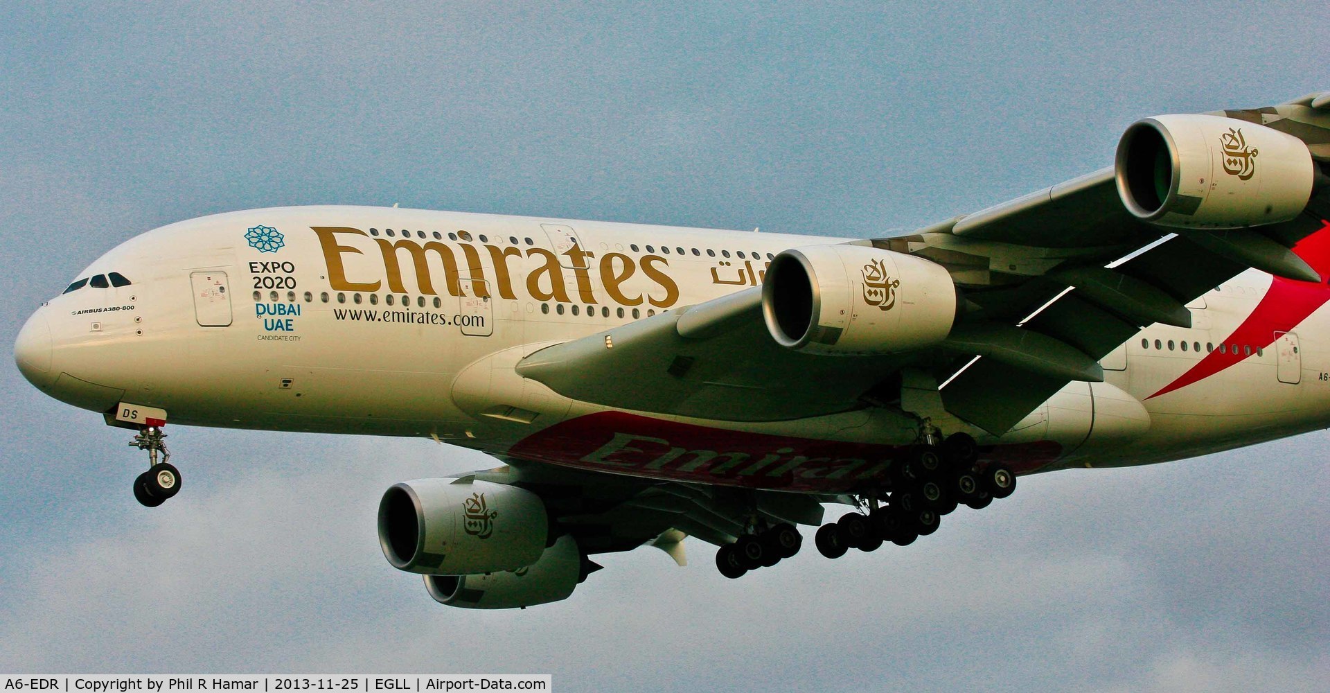 A6-EDR, 2011 Airbus A380-861 C/N 083, Emirates Airlines, (A6-EDR) 2011 Airbus A380-861, c/n 083, on approach to land on 27L Heathrow. © PhilRHama