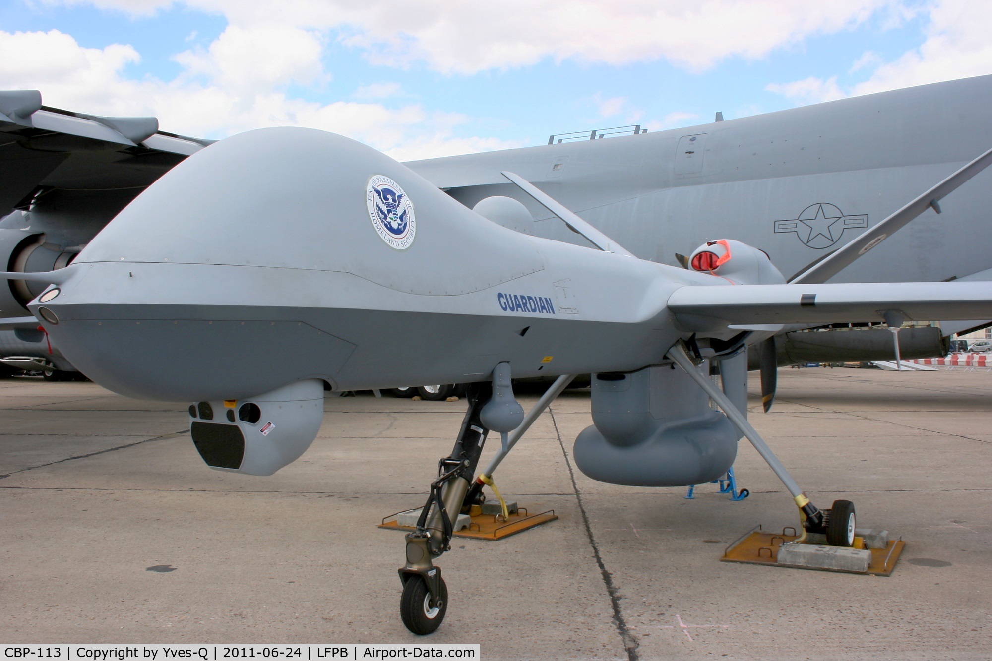 CBP-113, General Atomics MQ-9B Guardian C/N Not found CBP-113, General Atomics Aeronautical System Inc MQ-9B Guardian, US Department of Homeland Security, Displayed at Paris Le Bourget (LFPB-LBG) Air Show in june 2011. this UAV is used for border patrol and drugs smuggling surveillance operations.