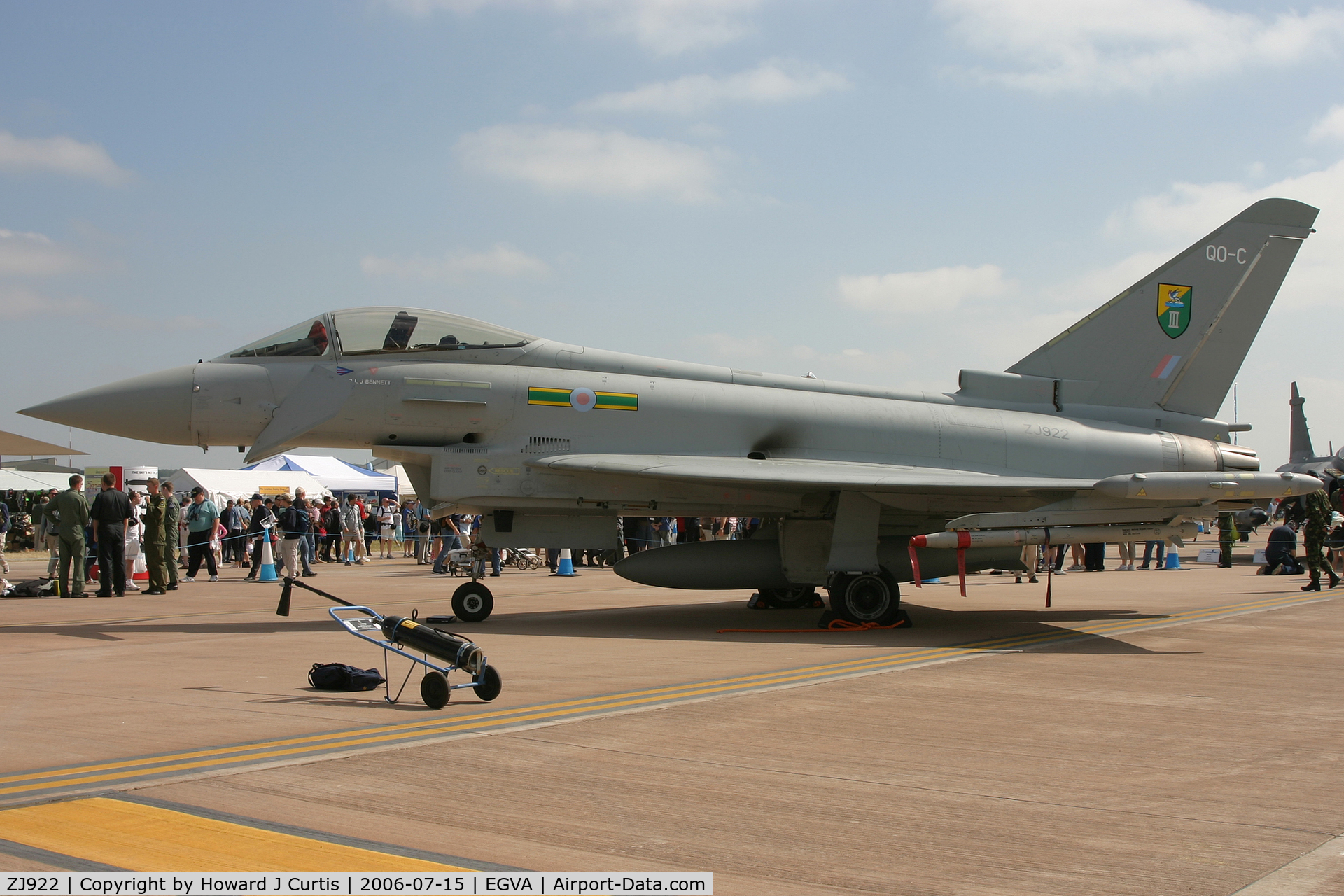 ZJ922, 2005 Eurofighter EF-2000 Typhoon F2 C/N 0073/BS013, RIAT 2006; on static display. Actually an F2 at the time of this photo, subsequently converted to FGR4 status. QO-C/3 Squadron.