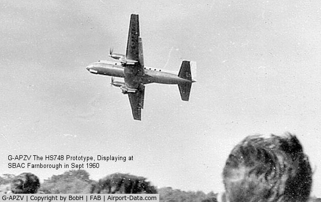 G-APZV, 1960 Avro 748 Series 1 C/N 1534, G-APZSV the HS748 Prototype seen here displaying at the 1960 Farnborough SBAC show.