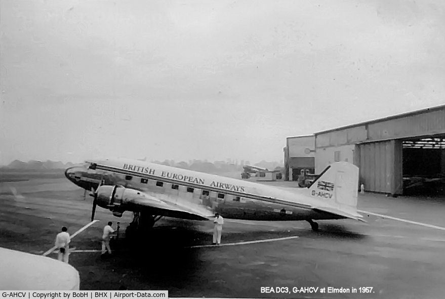 G-AHCV, 1943 Douglas C-47 Dakota 3 C/N 12443, G-AHCV at Elmdon (Birmingham) in 1957.