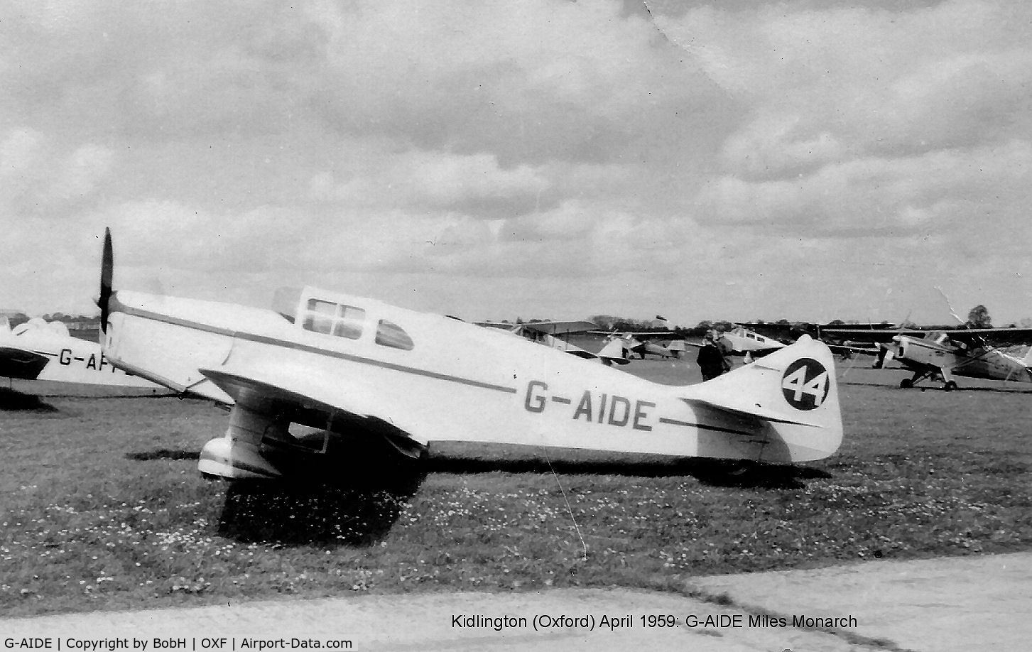 G-AIDE, 1938 Miles M.17 Monarch C/N 793, G-AIDE at Kidlington in April 1959: 
(In 1957 this aircraft won the Goodyear Trophy & came 3rd in the Kings Cup. In 1958 it won the Norton Griffiths Trophy & was 2nd in the Osram Cup (Pilot W.P.Bowles): Source Wikipedia)
