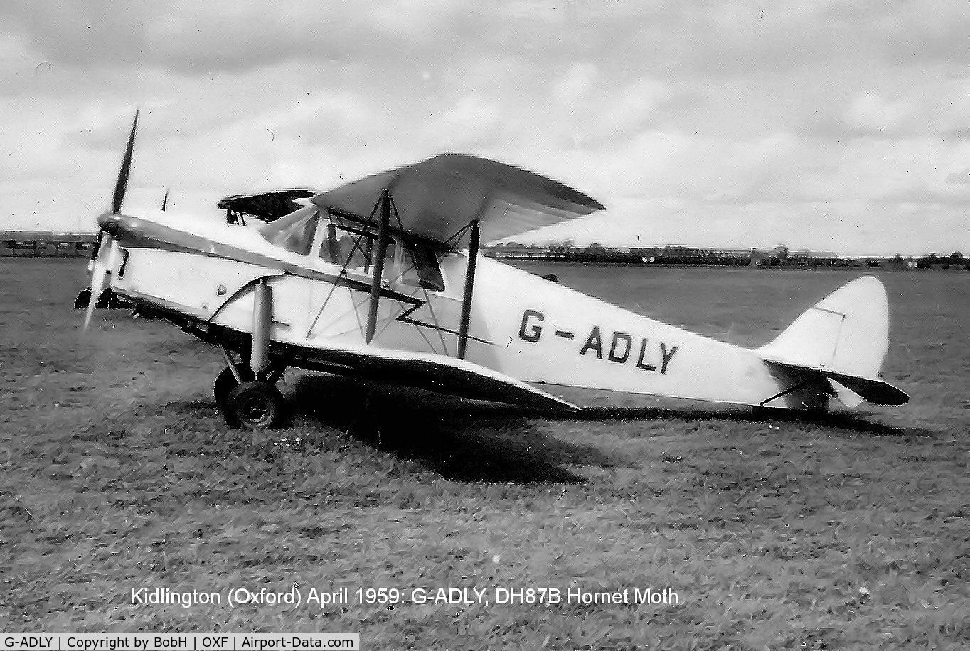 G-ADLY, 1935 De Havilland DH.87B Hornet Moth C/N 8020, G-ADLY at Kidlington in April 1959.