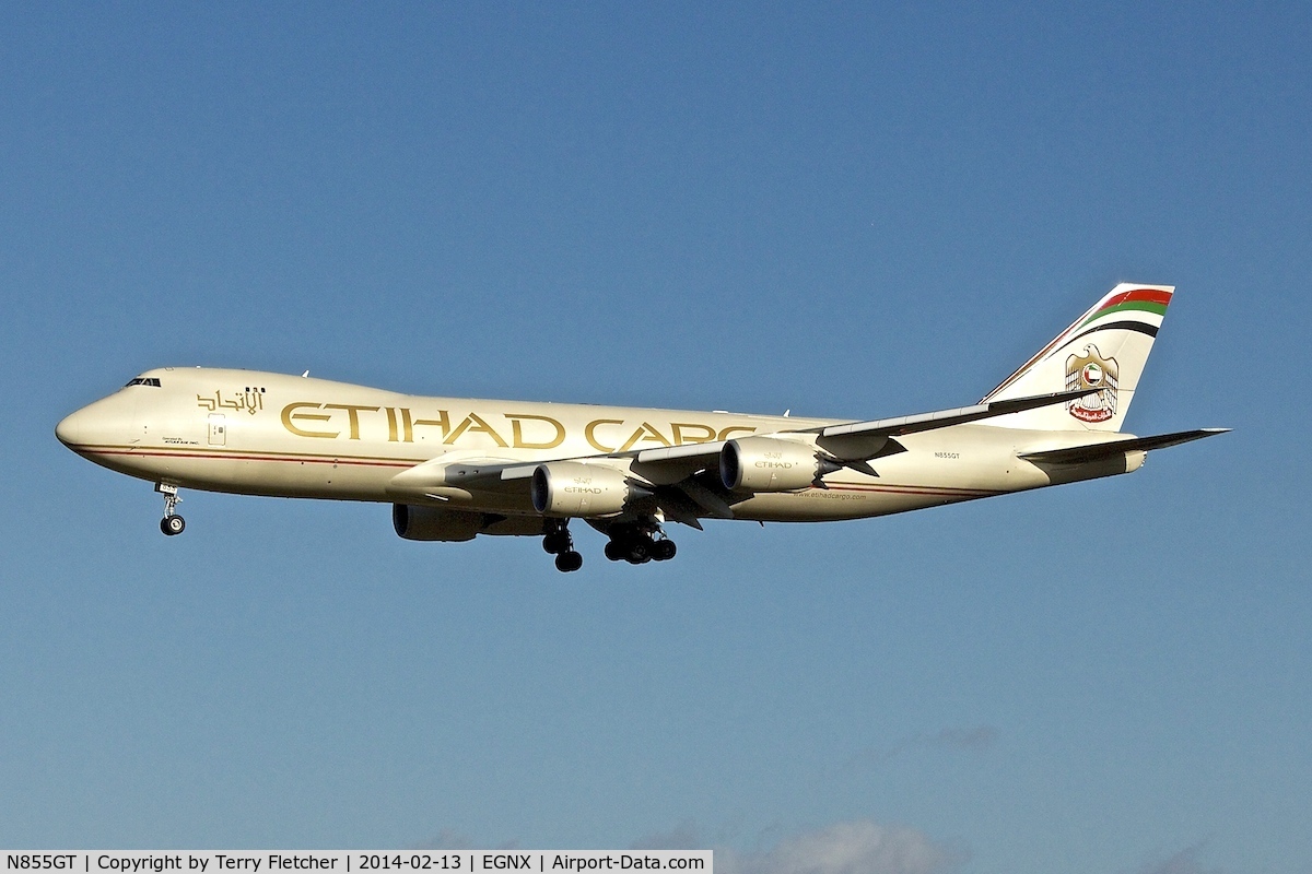 N855GT, 2013 Boeing 747-87UF C/N 37567, Ethiad Cargo 2013 Boeing 747-87UF, c/n: 37567 landing at East Midlands