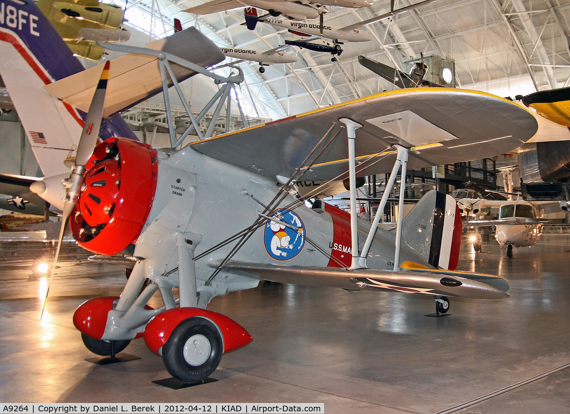 A9264, 1932 Curtiss F9C-2 Sparrowhawk C/N 0000, This aircraft was stationed aboard the U.S.S. Macon before that airship crashed.  She was restored with fictitious serial no. A9056.