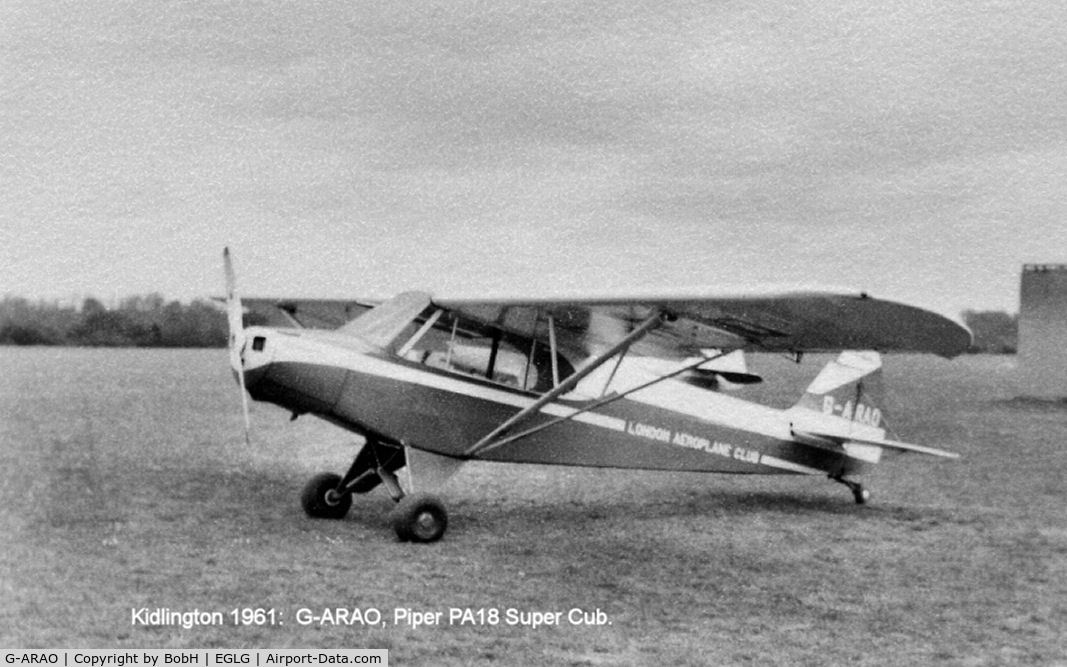 G-ARAO, 1960 Piper PA-18-150 Super Cub C/N 18-7327, G-ARAO at Panshanger in 1961. Then owned by The London Aeroplane Club. The airfield is incorrectly named on the photograph.