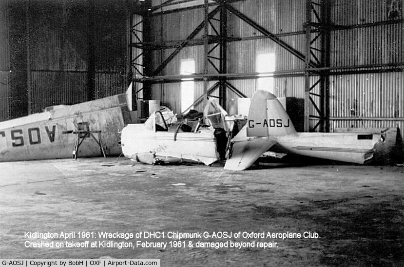 G-AOSJ, 1950 De Havilland DHC-1 Chipmunk 22 C/N C1/0071, G-AOSJ Crashed 2 months prior to this photograph of its remains in a hangar at Kidlington. It was written off.