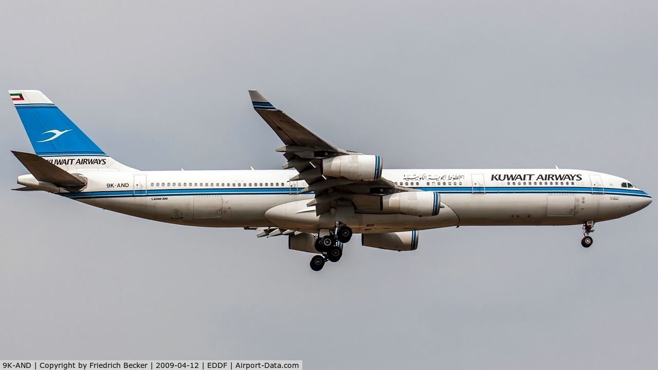 9K-AND, 1995 Airbus A340-313 C/N 104, on final at Frankfurt