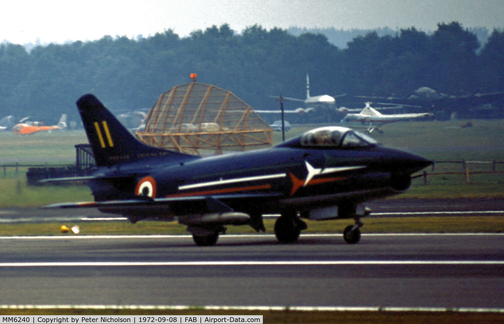 MM6240, Fiat G-91PAN C/N 6, Fiat G-91PAN number 11 of the Italian Air Force's Frecce Tricolori flight demonstration team in action at the1972 Farnborough Airshow.