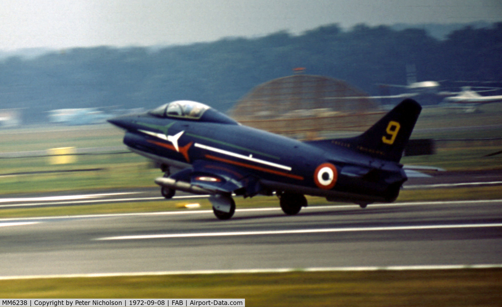 MM6238, Fiat G-91PAN C/N 4, Fiat G-91PAN number 9 of the Italian Air Force's Frecce Tricolori flight demonstration team in action at the 1972 Farnborough Airshow.