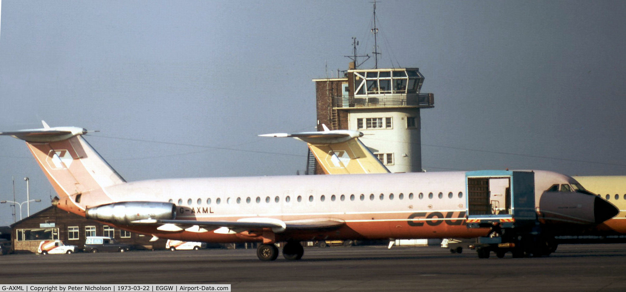 G-AXML, 1970 BAC 111-518FG One-Eleven C/N BAC.206, One Eleven 518FG of Court Line as seen at Luton in the Spring of 1973.