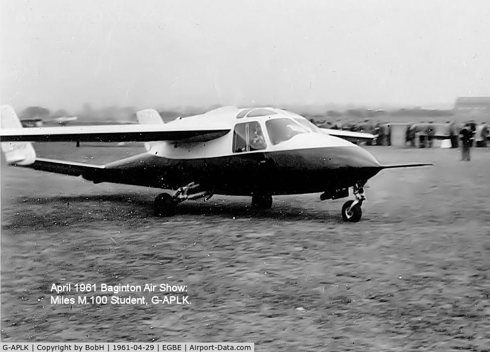 G-APLK, 1957 Miles M.100 Student C/N 100/1008, Baginton April 1961. The Turbomeca Turbojet Engine was manufactured under licence by Blackburn Aircraft.