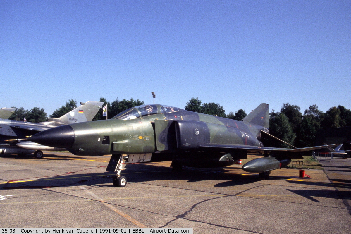 35 08, 1969 McDonnell Douglas RF-4E Phantom II C/N 3938, Luftwaffe RF-4E Phantom II at Kleine Brogel Air Base, Belgium. AKG-52, 1991.