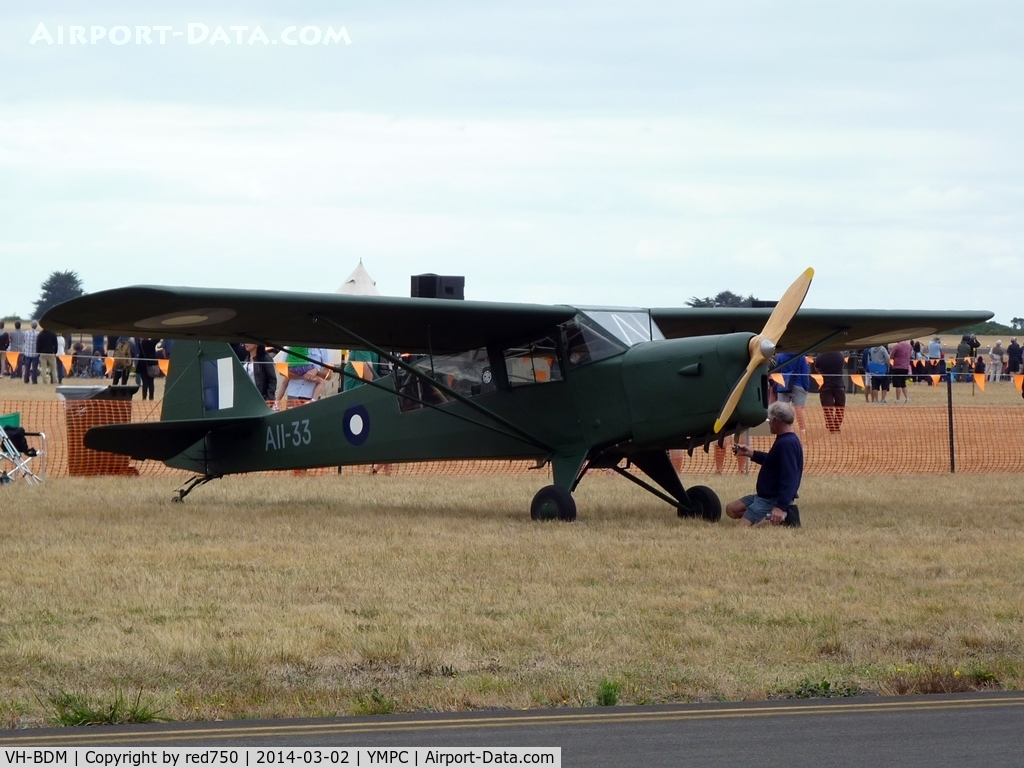 VH-BDM, 1942 Taylorcraft E Auster 3 C/N 639, Auster III at the RAAF100th Anniversary Airshow, Pt Cook, March 2, 2014