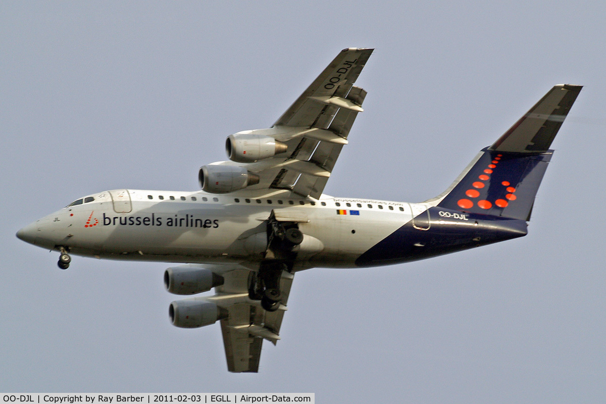 OO-DJL, 1995 British Aerospace Avro 146-RJ85 C/N E.2273, BAe 146-RJ85 [E2273] (Brussels Airlines) Home~G 03/02/2011. On approach 27R.