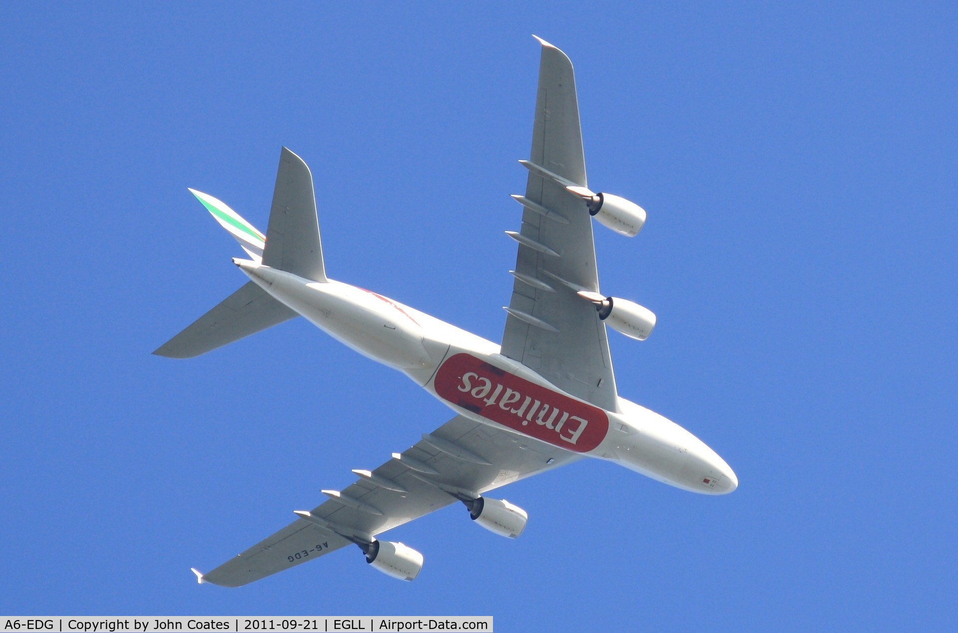 A6-EDG, 2009 Airbus A380-861 C/N 023, Climbing out of Heathrow over Chertsey