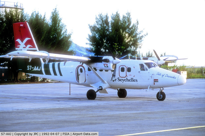 S7-AAJ, De Havilland Canada DHC-6-310 Twin Otter C/N 499, The Flight Crew, Captain and Pilot pick you up from the waiting room. We walk to the waiting, newest Twin Otter in the fleet, first flight of the day out of the sleeping airport. 
No wind, no turbulence at all, quite low to avoid