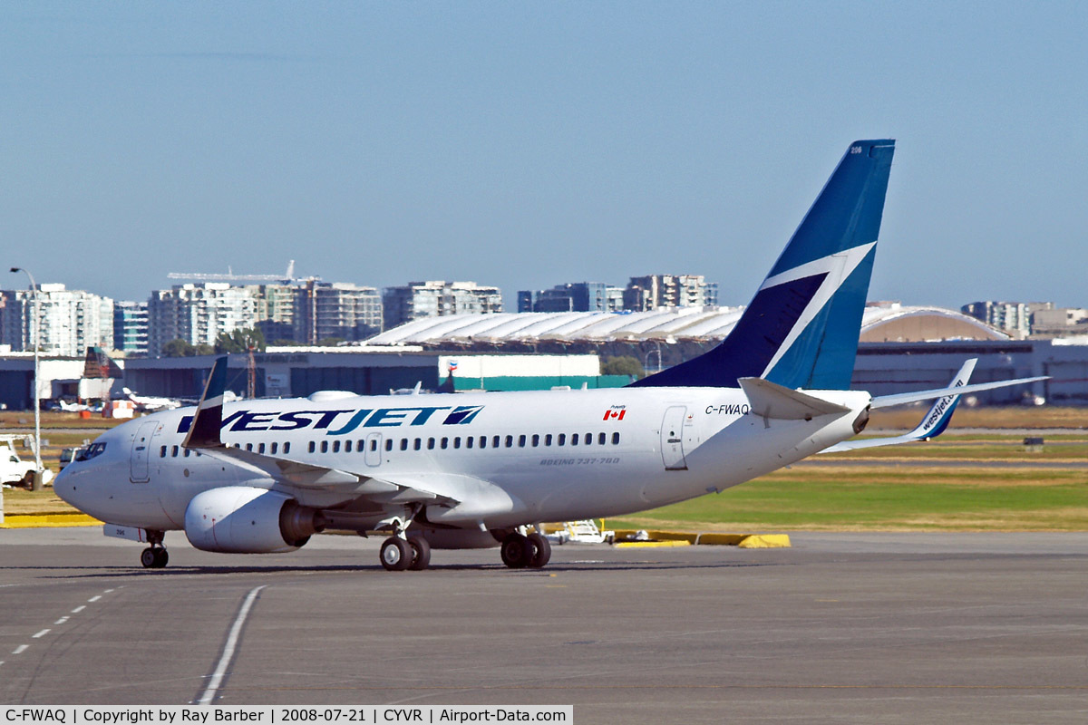 C-FWAQ, 2002 Boeing 737-7CT C/N 32748, Boeing 737-7CT [32748] (Westjet) Vancouver International~C 21/07/2008