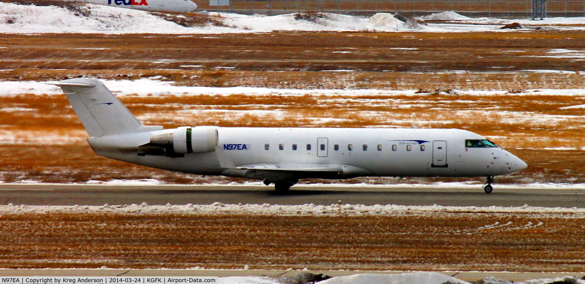 N97EA, 1993 Canadair CRJ-100ER (CL-600-2B19) C/N 7027, Elite Airways Canadair CRJ-100 landing on runway 35L.