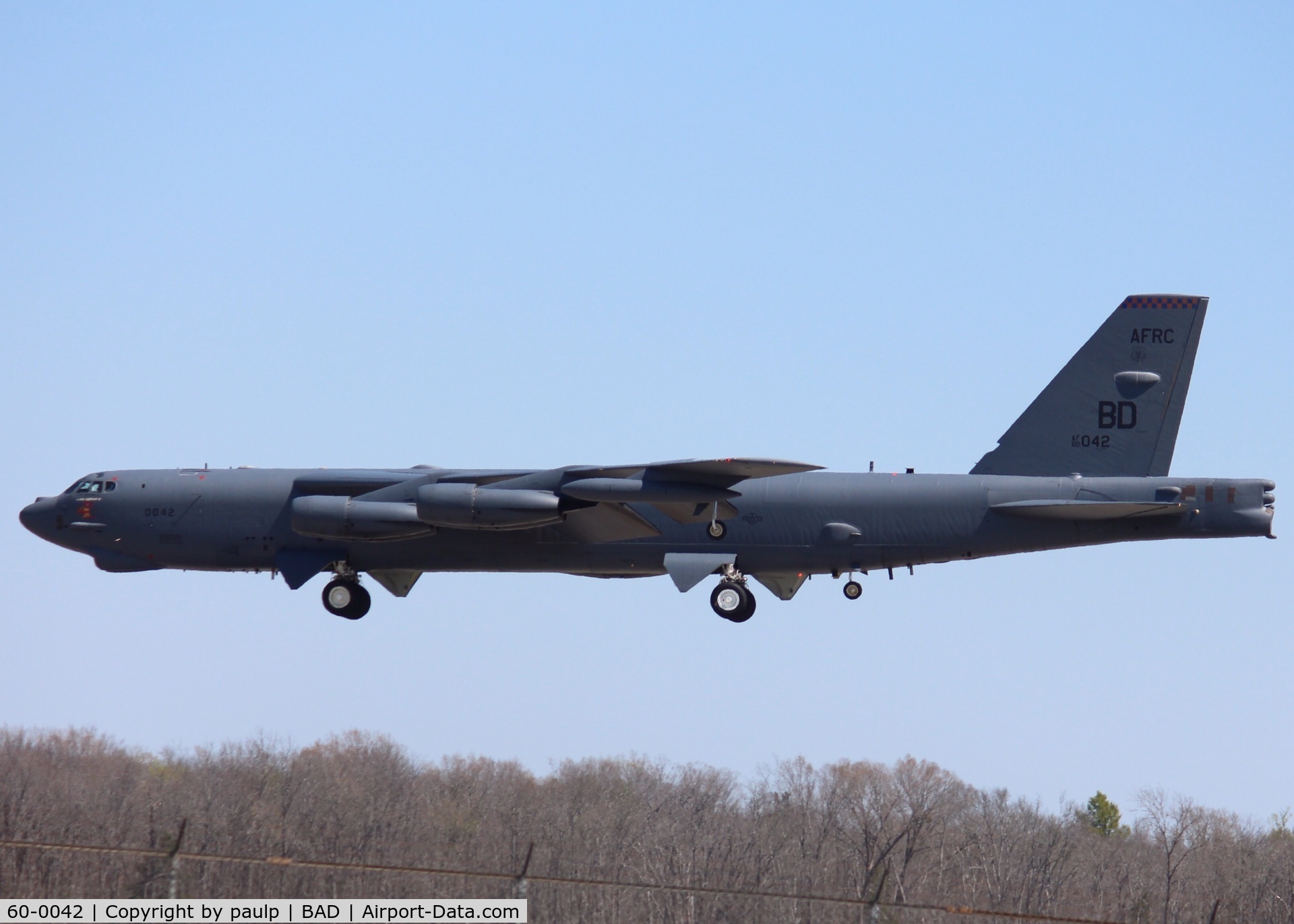 60-0042, 1960 Boeing B-52H Stratofortress C/N 464407, Landing at Barksdale Air Force Base.