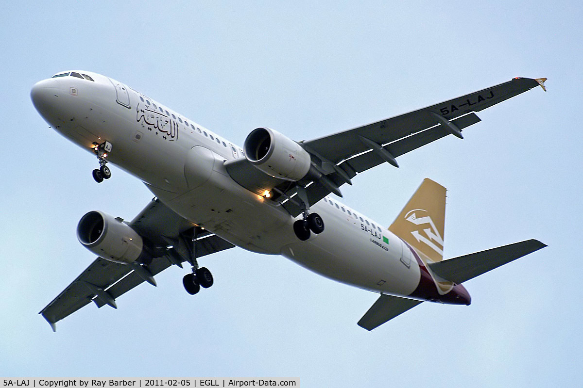 5A-LAJ, 2010 Airbus A320-214 C/N 4490, Airbus A320-214 [4490] (Libyan Airlines) Home~G 05/02/2011. On approach 27R.