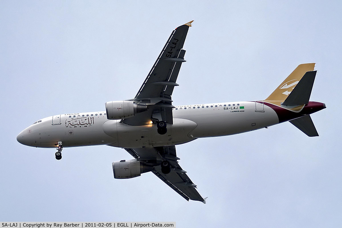 5A-LAJ, 2010 Airbus A320-214 C/N 4490, Airbus A320-214 [4490] (Libyan Airlines) Home~G 05/02/2011. On approach 27R.