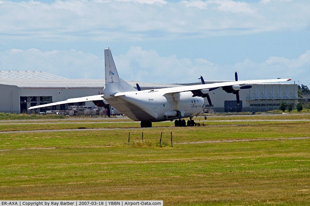 ER-AXA, 1971 Antonov An-12BP C/N 01347907, Antonov An-12TB [01347907] (Air Bridge Group) Brisbane International~VH 18/03/2007. Although cancelled in 2005 seen here marked as such having made a heavy landing resulting in port undercarriage collapsing and stored in this spot for a few years.