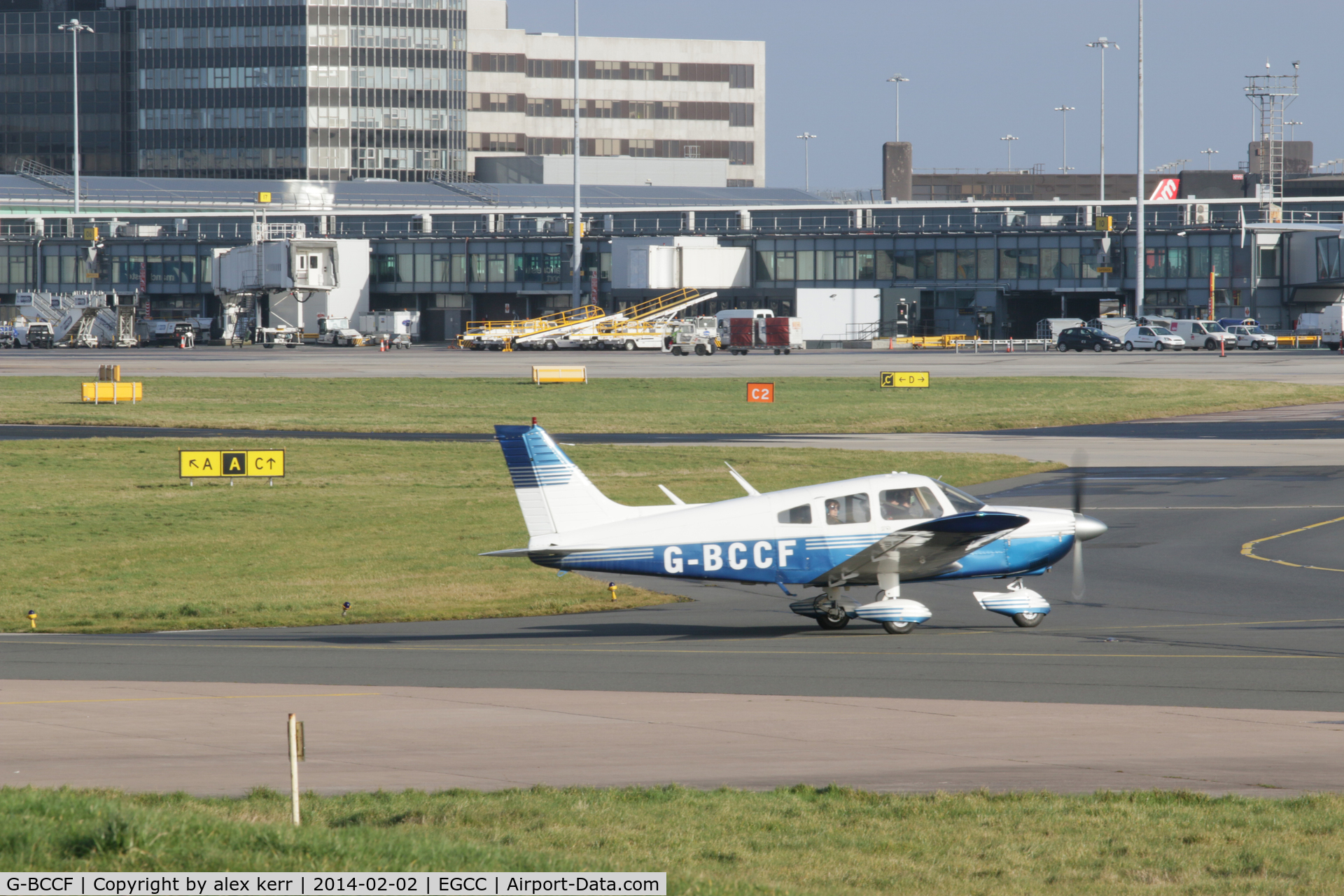 G-BCCF, 1973 Piper PA-28-180 Cherokee Archer C/N 28-7405069, departing  manchester