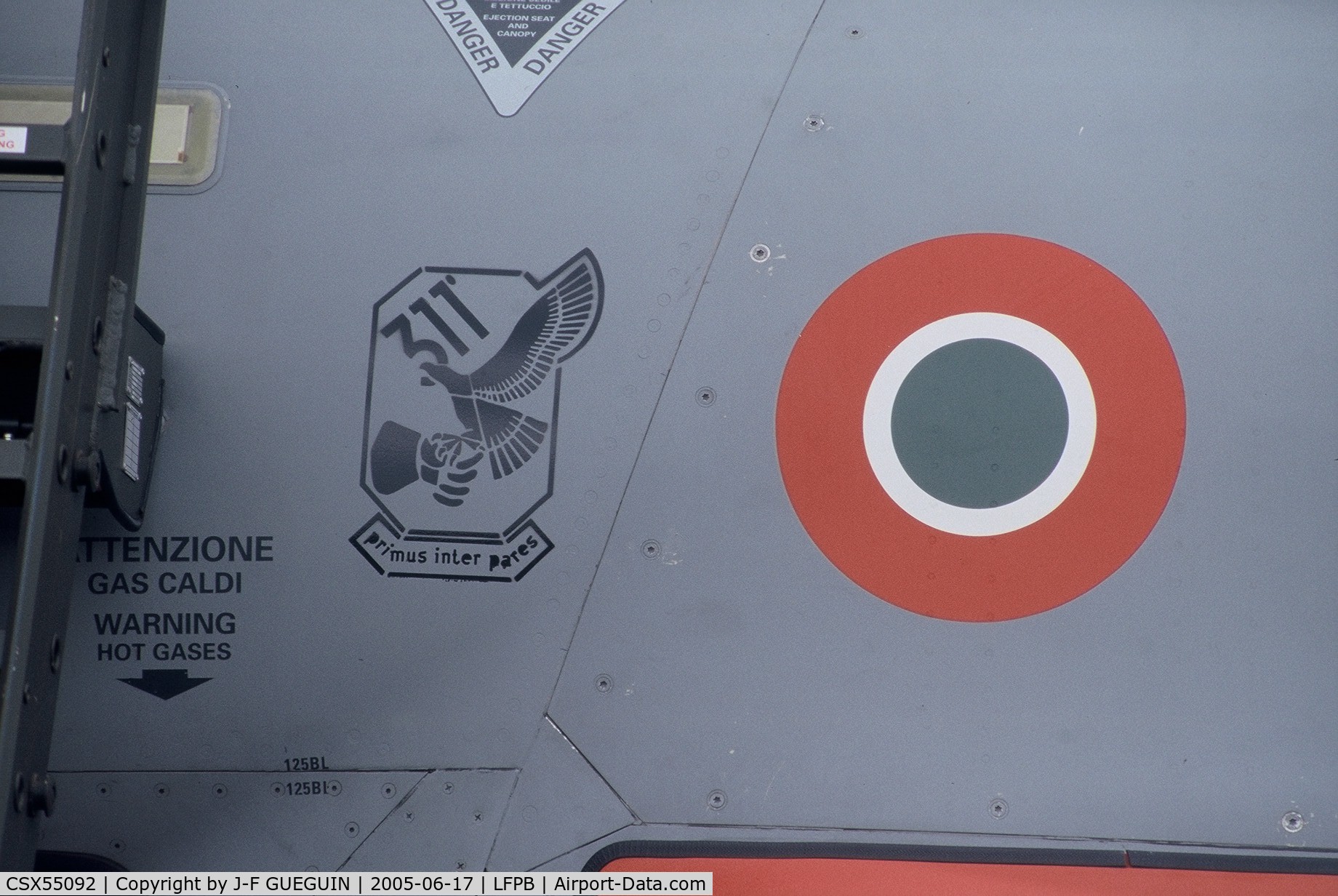 CSX55092, 2003 Eurofighter EF-2000 Typhoon T C/N IT001, On display at Paris-Le Bourget 2005 airshow (badge of 311° Gruppo/Reparto Sperimentale Volo, based at Pratica di Mare).