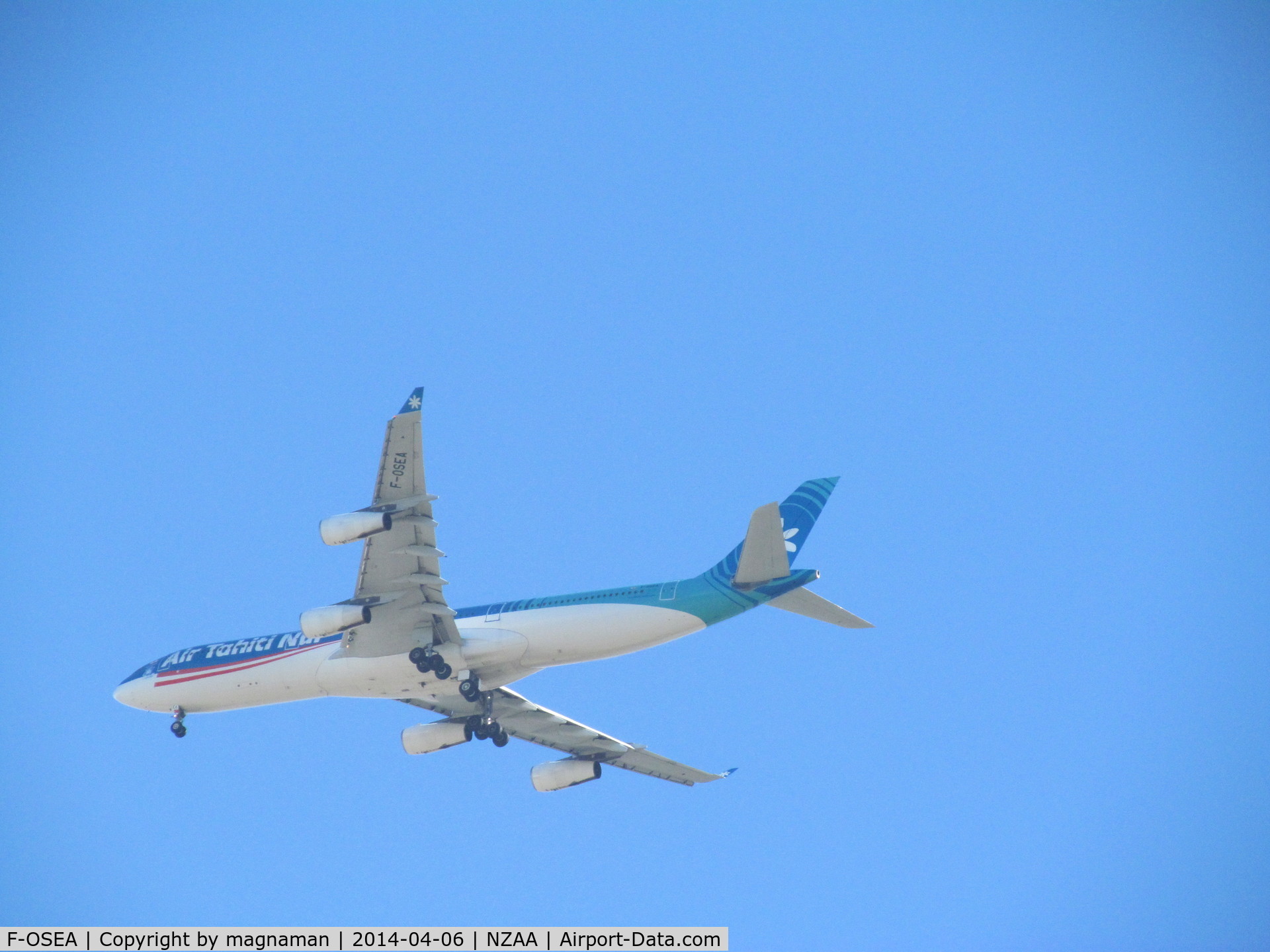 F-OSEA, 2001 Airbus A340-313 C/N 438, Overhead flat bush on way into AKL