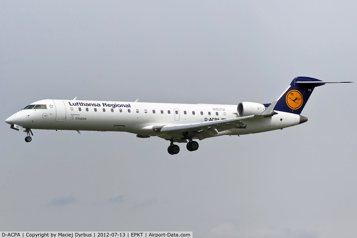 D-ACPA, 2001 Canadair CRJ-701ER (CL-600-2C10) Regional Jet C/N 10012, D-ACPA seconds before touchdown on runway 27, in 2012 LH flies to KTW three times a day with CRJ700, I still remember, when in the past they flew B735s here, Lufthansa please come to us on something bigger!