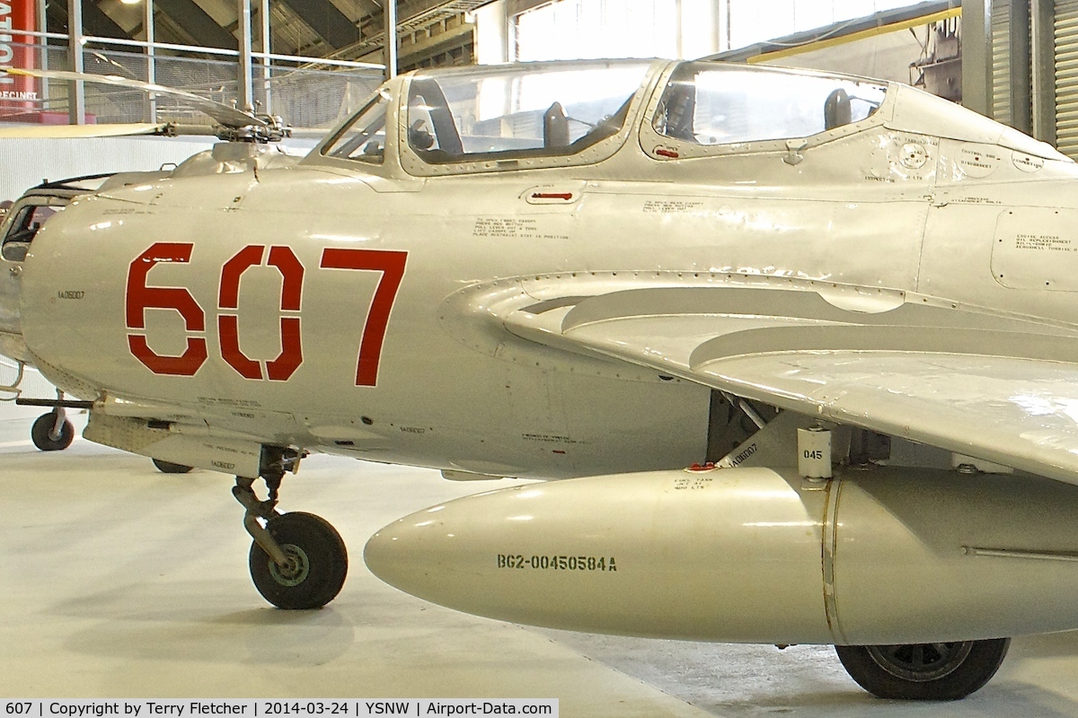 607, PZL-Mielec SBLim-2M (MiG-15UTI) C/N 1A06007, Displayed at the  Australian Fleet Air Arm Museum,  a military aerospace museum located at the naval air station HMAS Albatross, near Nowra, New South Wales