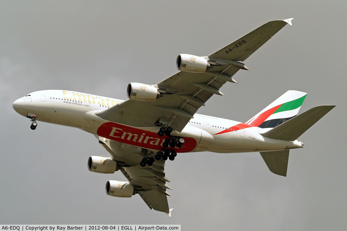 A6-EDQ, 2011 Airbus A380-861 C/N 080, Airbus A380-861 [080] (Emirates Airlines) Home~G 04/08/2012. On approach 27R.