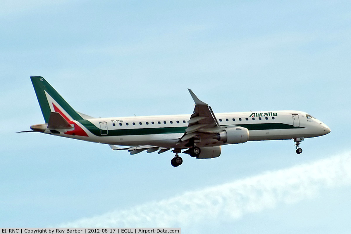 EI-RNC, 2011 Embraer 190LR (ERJ-190-100LR) C/N 19000503, Embraer Emb-190-100IGW [19000503] (Alitalia Cityliner) Home~G 17/08/2012. On approach 27L.