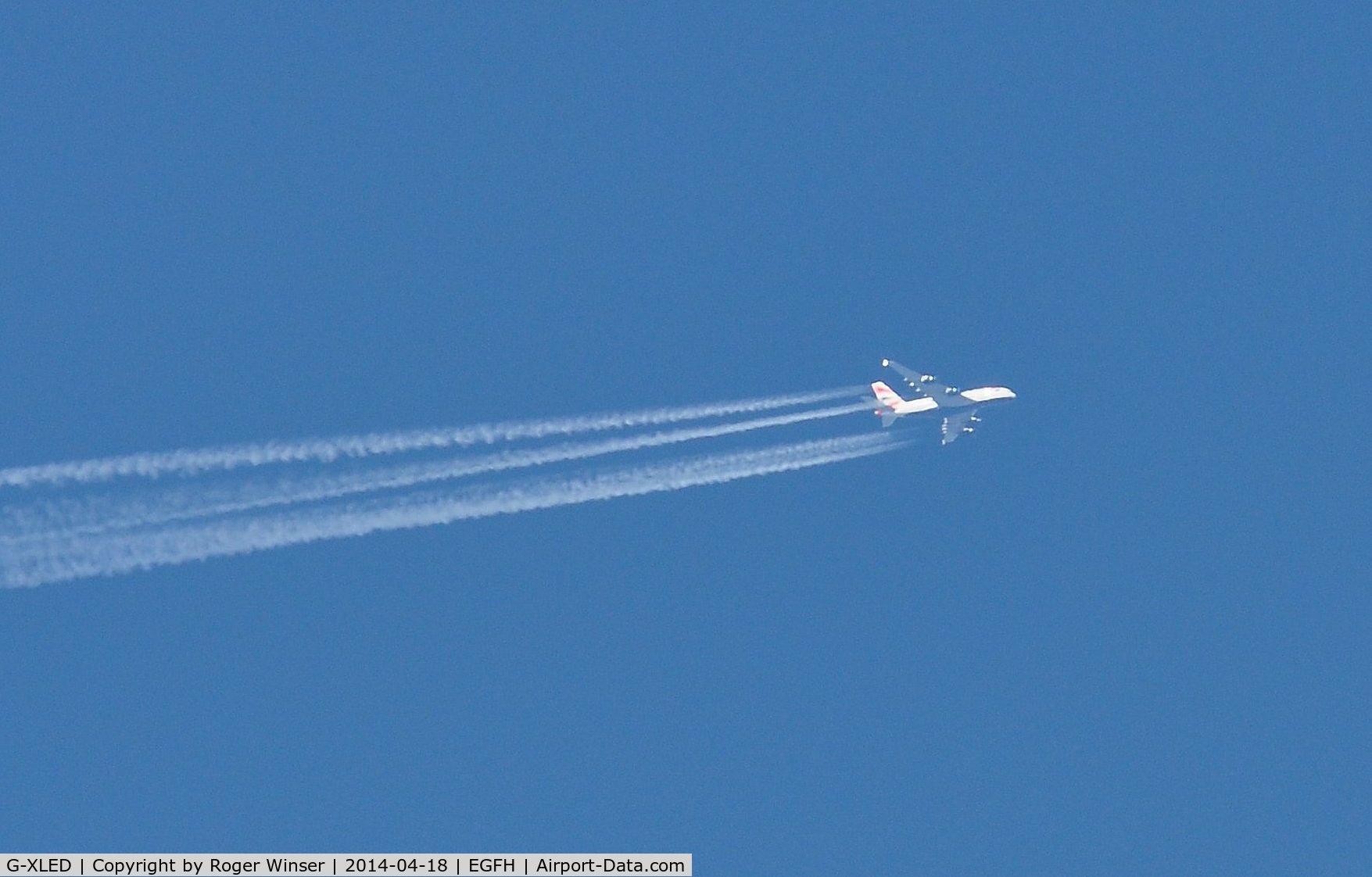 G-XLED, 2013 Airbus A380-841 C/N 144, British Airways A388 eastbond at 38000 feet over Swansea Airport.