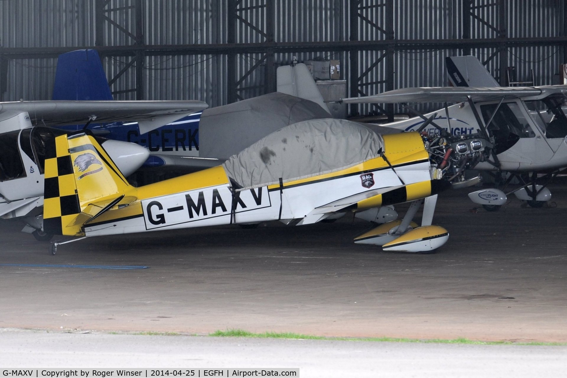 G-MAXV, 2000 Vans RV-4 C/N PFA 181-13266, Resident RV-4 having interim Team Raven markings added.G-MAXV will be the leading aircraft (Raven 1) of the recently formed 5-ship formation aerobatic display team.