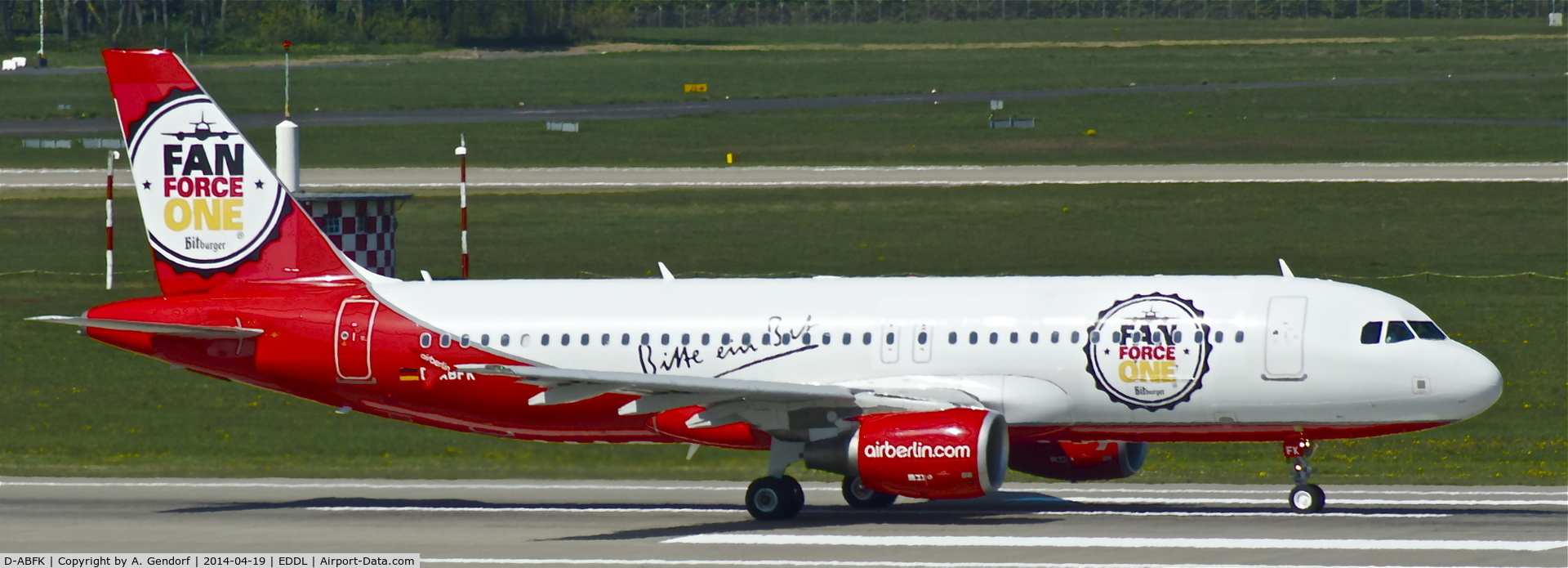 D-ABFK, 2010 Airbus A320-214 C/N 4433, Air Berlin (Fan Force One cs.), this Jet was setted up especially for the soccer world championship in Brasil this year by Air Berlin and the Bitburger Brewery, to fly fans to Brasil, see it here departing at Düsseldorf Int'l(EDDL)