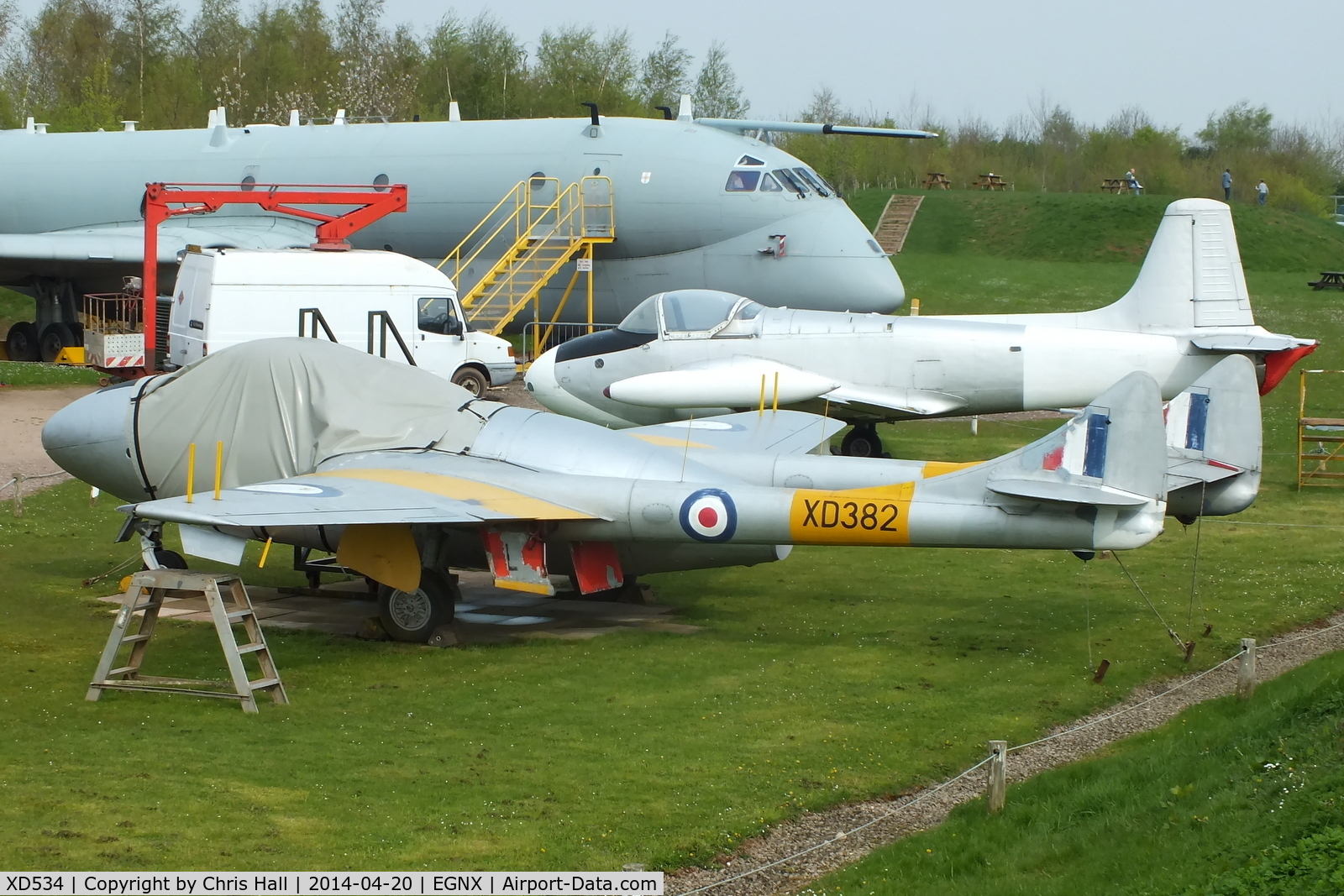 XD534, 1954 De Havilland Vampire T11 C/N 15279, composite made from the fuselage of XD534 with booms and wings from XD382, Preserved at the East Midlands Aeropark